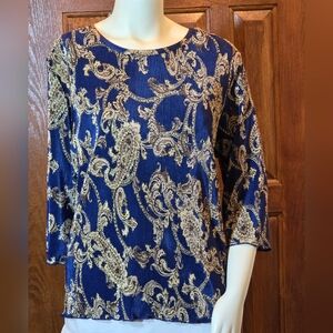 Bon Worth Navy and Gold Paisley Blouse